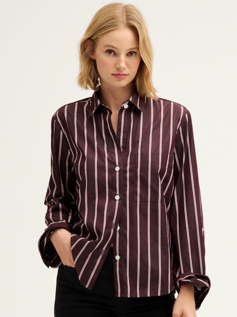 Madewell The Signature Y-Neck Shirt Poplin Boardwalk Stripe Small Brown EUC